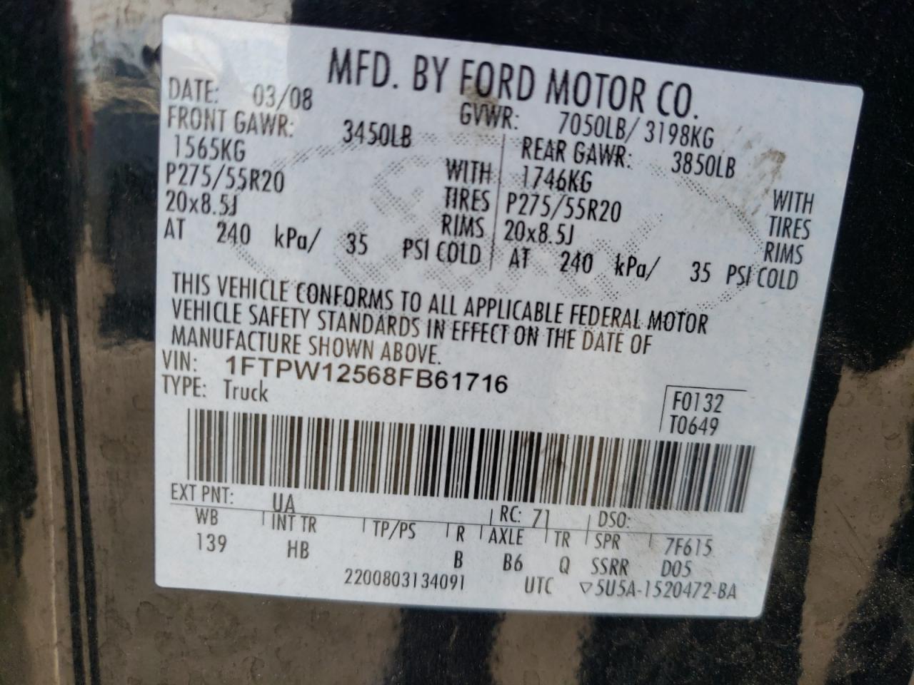 Photo 10 from auction – 2008 FORD F150 SUPER with VIN 1FTPW12568FB61716