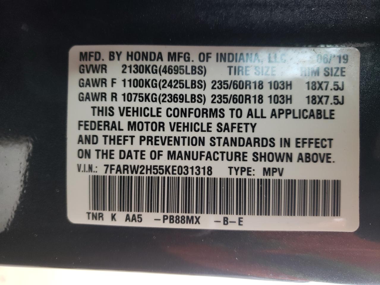 Photo 10 from auction – 2019 HONDA CR-V EX with VIN 7FARW2H55KE031318