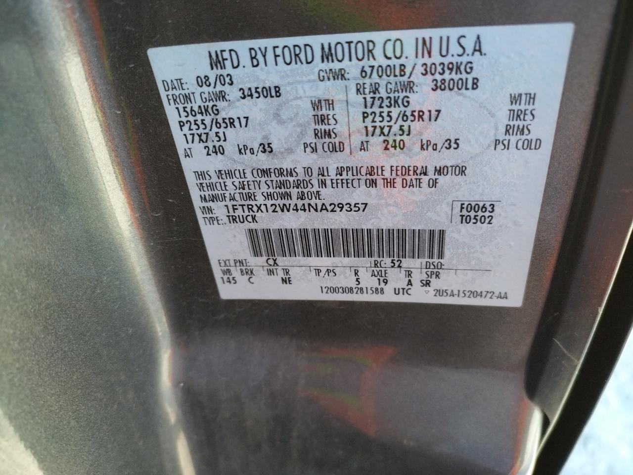 Photo 10 from auction – 2004 FORD F150 with VIN 1FTRX12W44NA29357