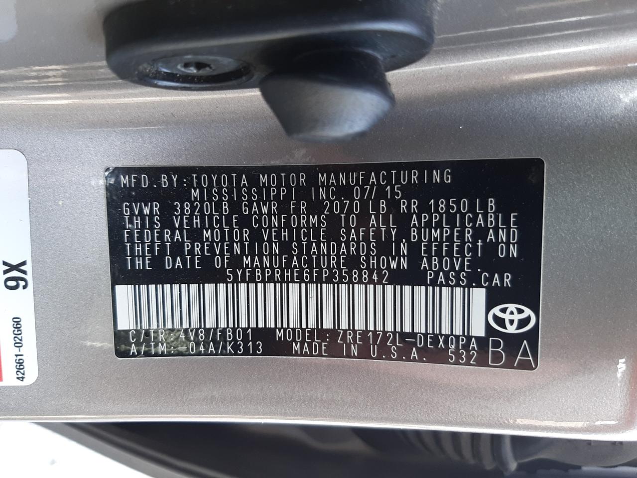 Photo 10 from auction – 2015 TOYOTA COROLLA EC with VIN 5YFBPRHE6FP358842