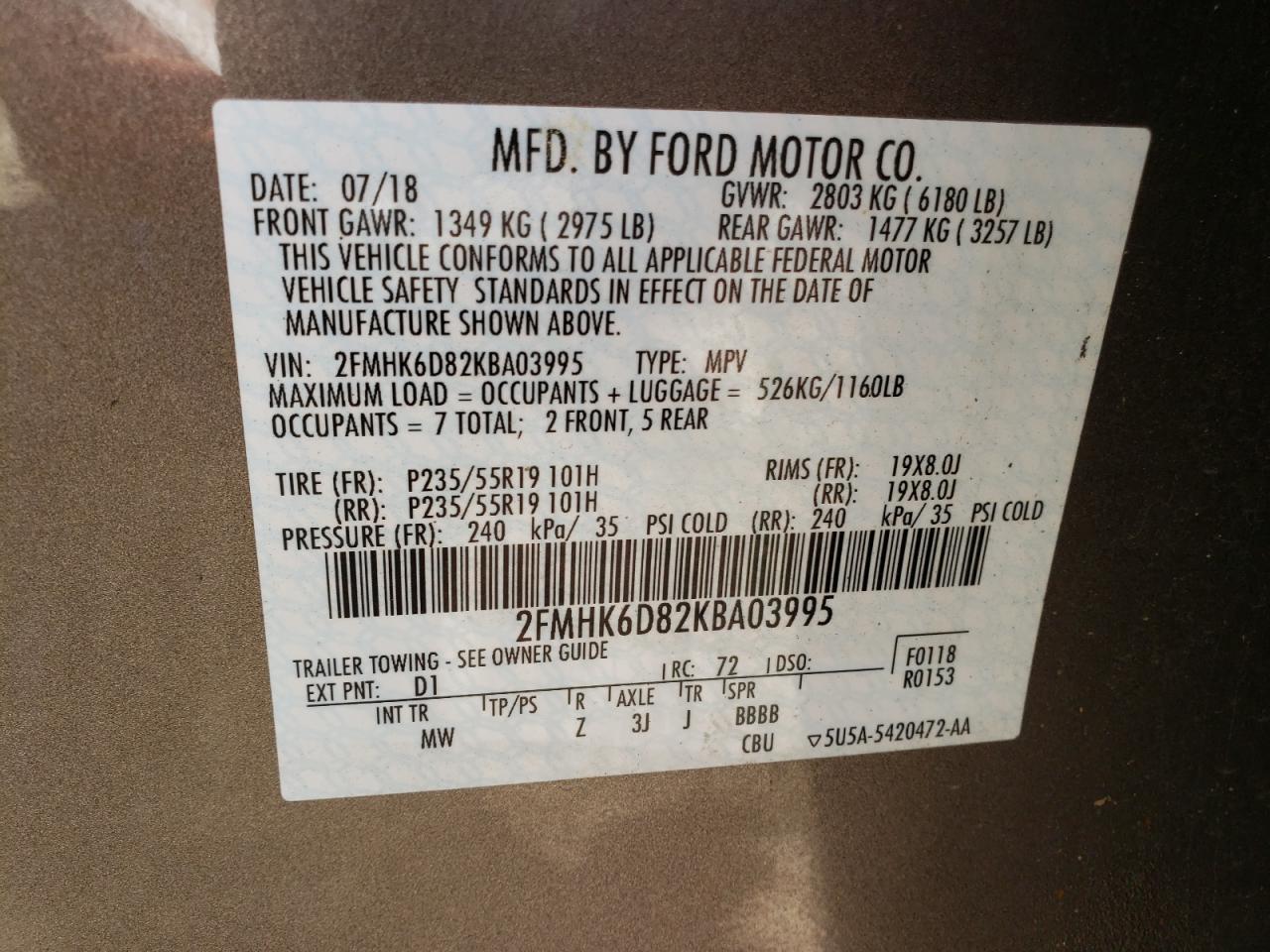 Photo 10 from auction – 2019 FORD FLEX LIMIT with VIN 2FMHK6D82KBA03995