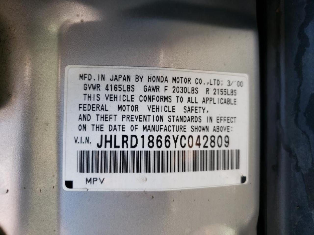 Photo 10 from auction – 2000 HONDA CR-V EX with VIN JHLRD1866YC042809