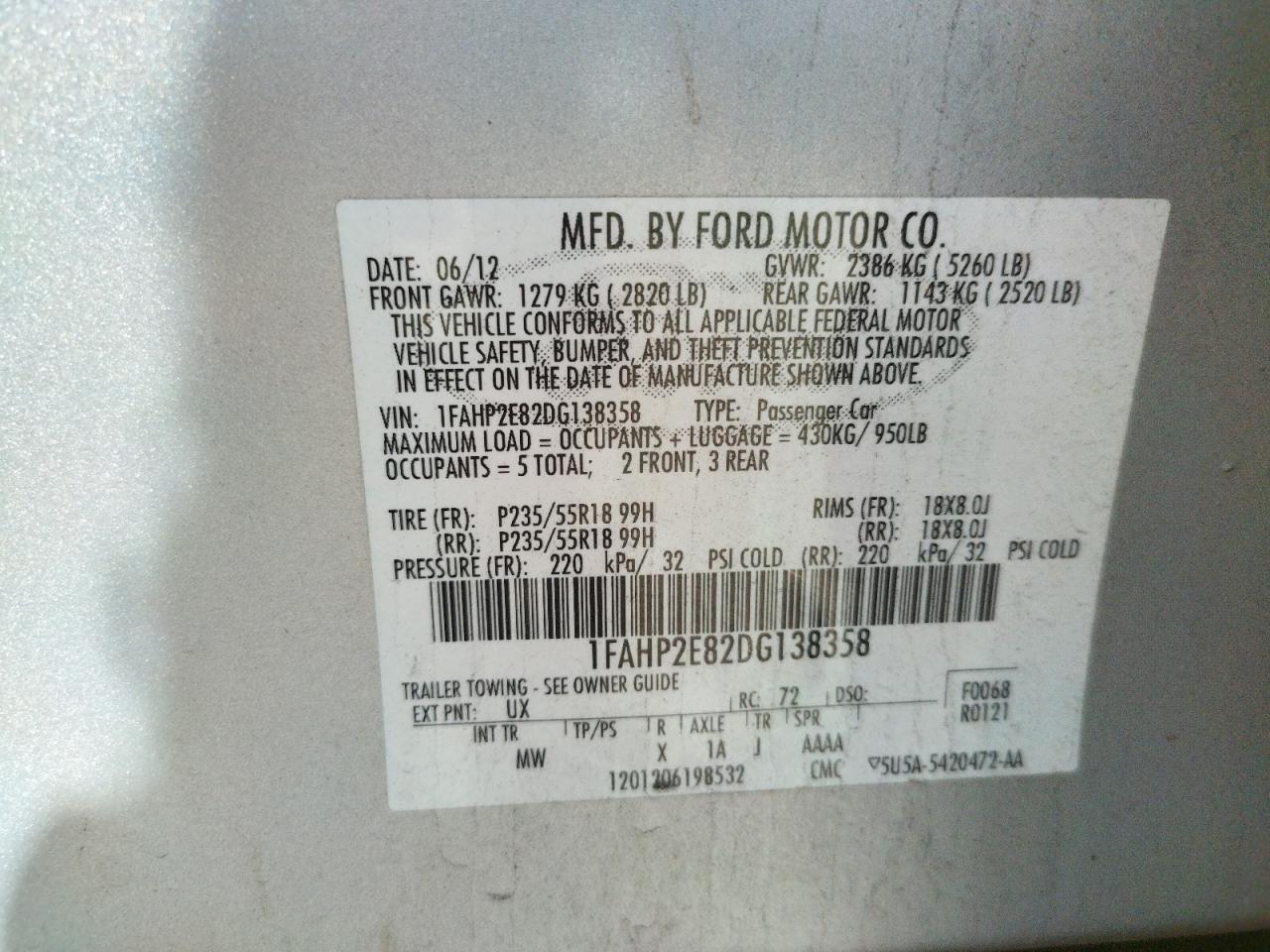 Фото 10 с аукциона – 2013 FORD TAURUS SEL с VIN 1FAHP2E82DG138358
