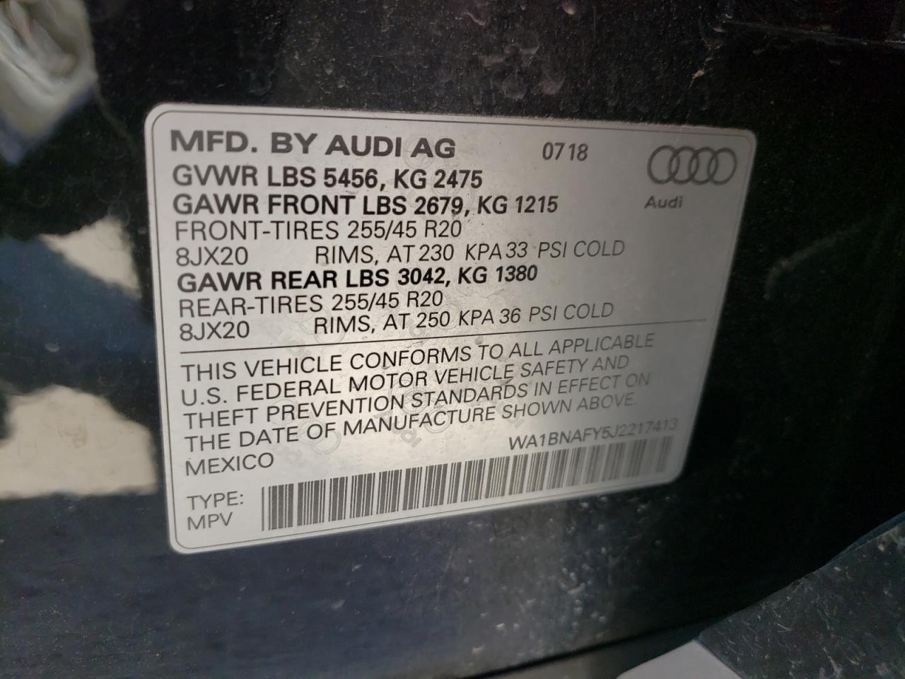 Photo 10 from auction – 2018 AUDI Q5 PREMIUM with VIN WA1BNAFY5J2217413