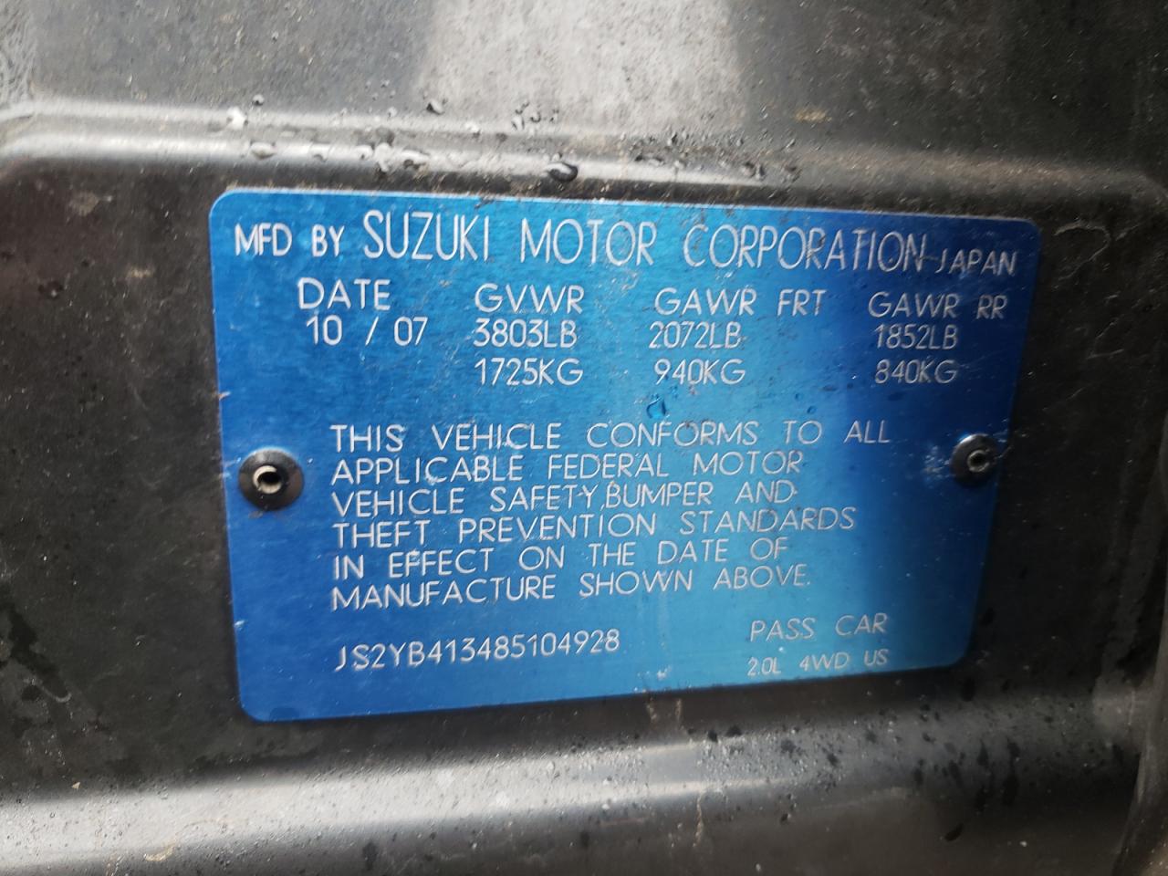 Photo 10 from auction – 2008 SUZUKI SX4 BASE with VIN JS2YB413485104928