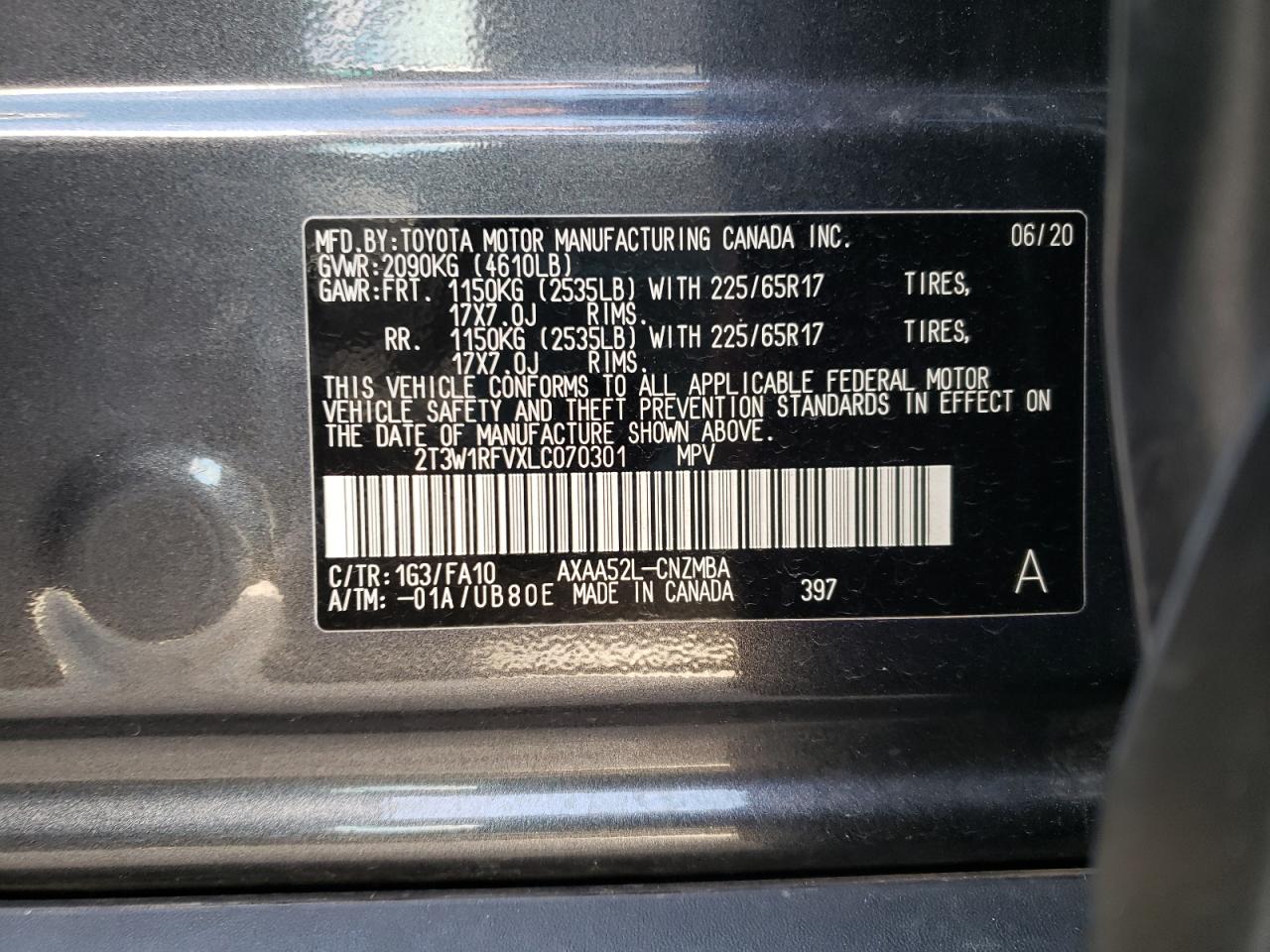 Photo 10 from auction – 2020 TOYOTA RAV4 XLE with VIN 2T3W1RFVXLC070301
