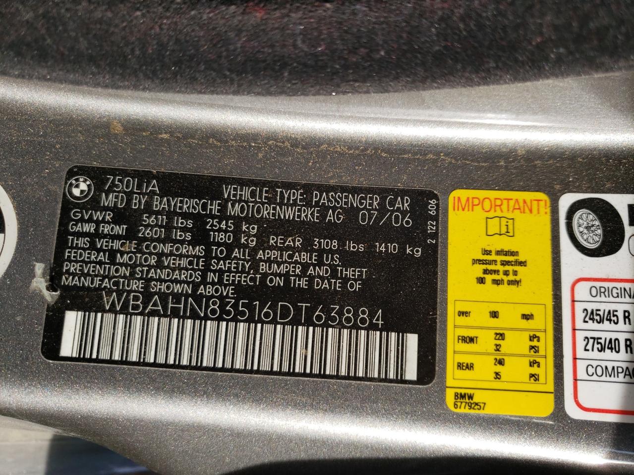 Photo 10 from auction – 2006 BMW 750 LI with VIN WBAHN83516DT63884