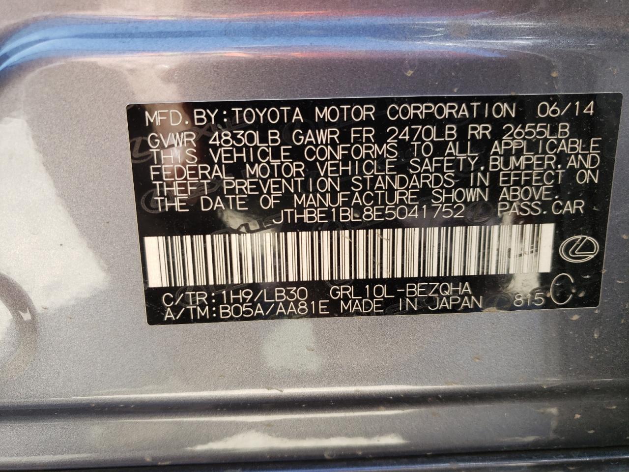 Photo 10 from auction – 2014 LEXUS GS 350 with VIN JTHBE1BL8E5041752