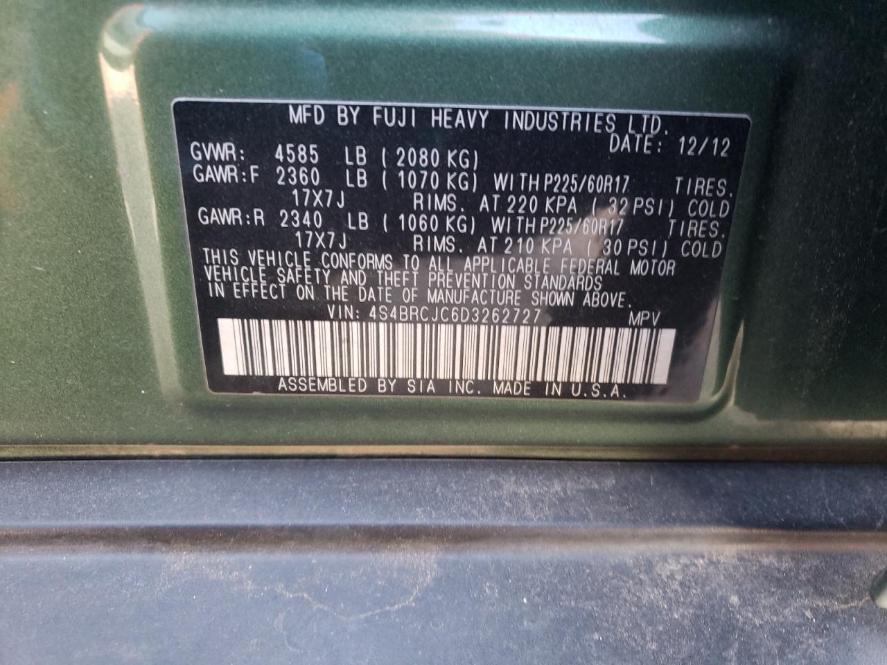 Photo 10 from auction – 2013 SUBARU OUTBACK 2. with VIN 4S4BRCJC6D3262727