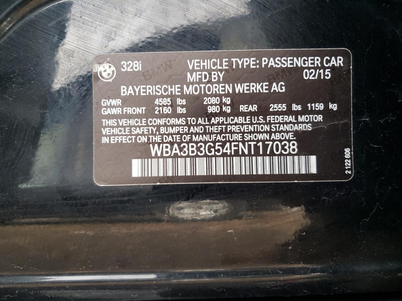 Photo 10 from auction – 2015 BMW 328 XI with VIN WBA3B3G54FNT17038