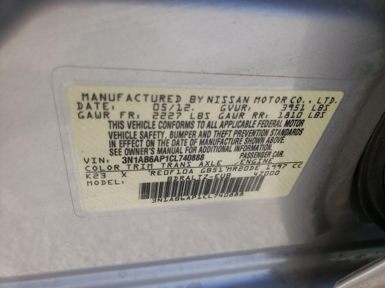 Photo 10 from auction – 2012 NISSAN SENTRA 2.0 with VIN 3N1AB6AP1CL740888