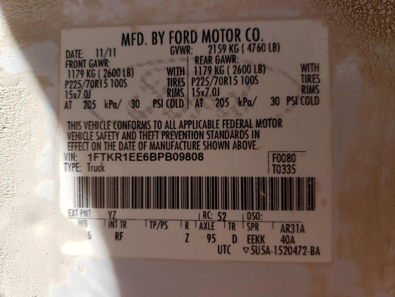 Photo 10 from auction – 2011 FORD RANGER SUP with VIN 1FTKR1EE6BPB09808