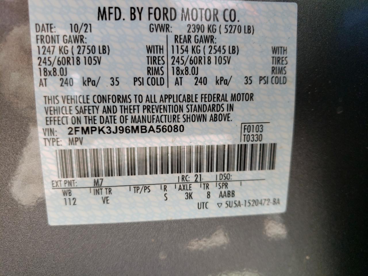 Photo 10 from auction – 2021 FORD EDGE SEL with VIN 2FMPK3J96MBA56080