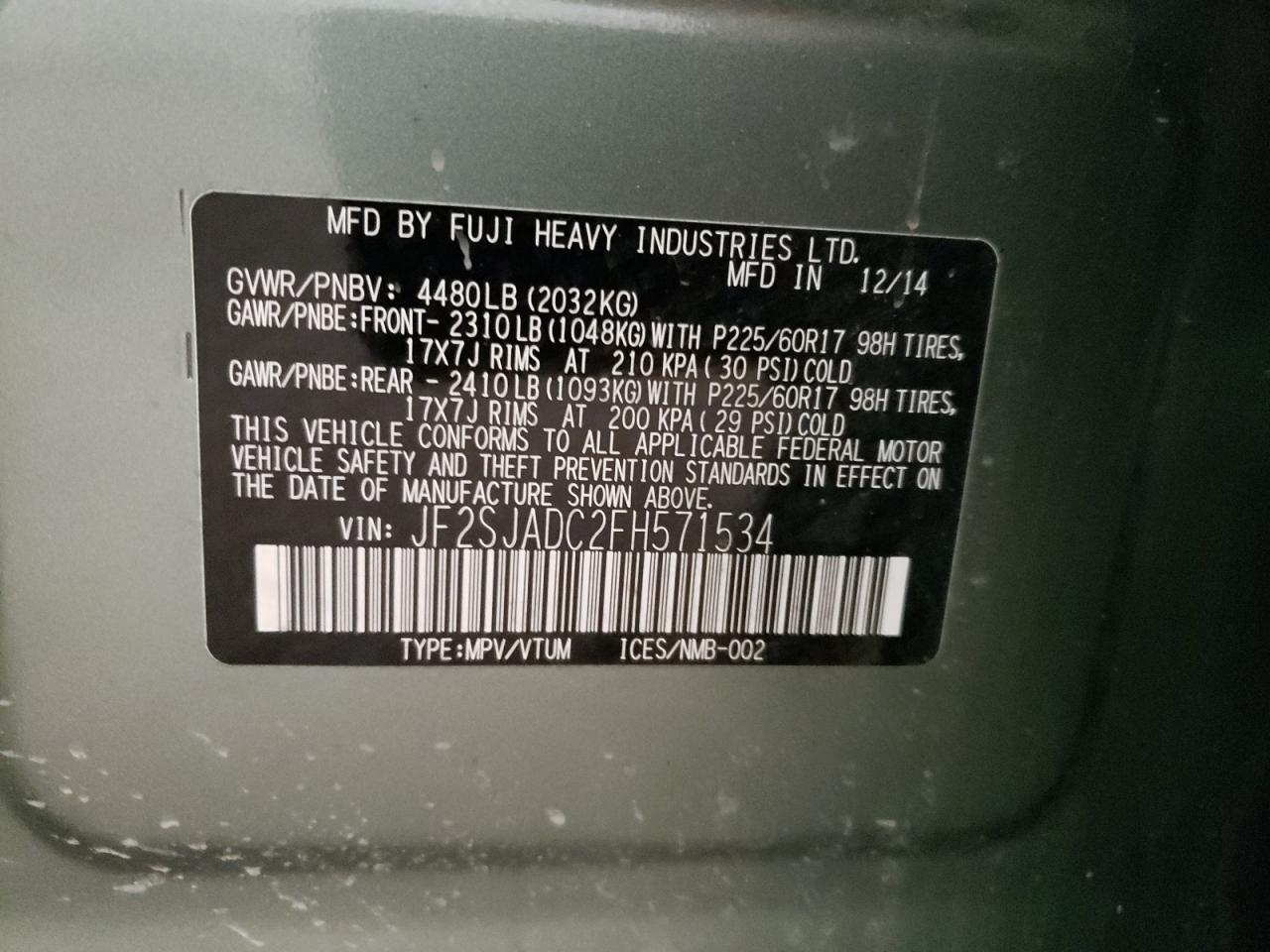 Photo 10 from auction – 2015 SUBARU FORESTER 2 with VIN JF2SJADC2FH571534