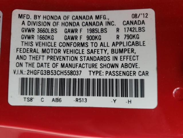 Photo 10 from auction – 2012 HONDA CIVIC LX with VIN 2HGFG3B53CH558037