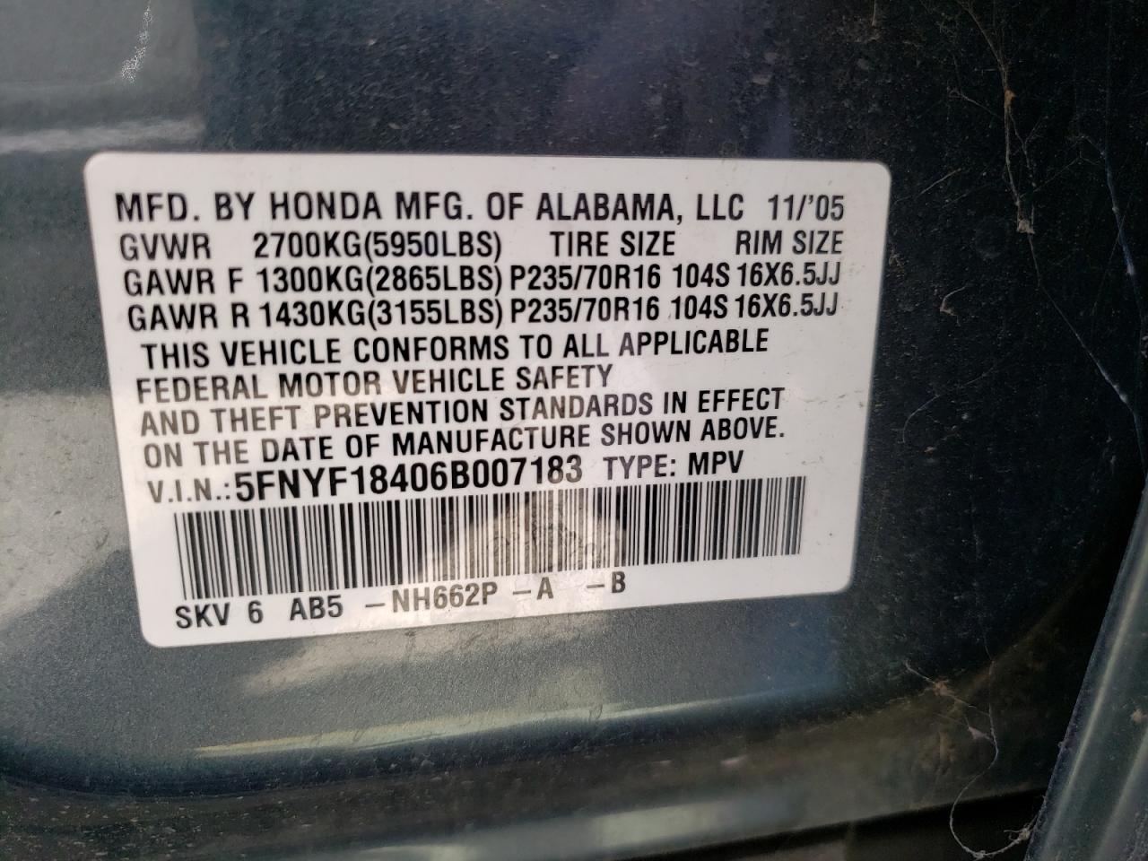 Photo 10 from auction – 2006 HONDA PILOT EX with VIN 5FNYF18406B007183