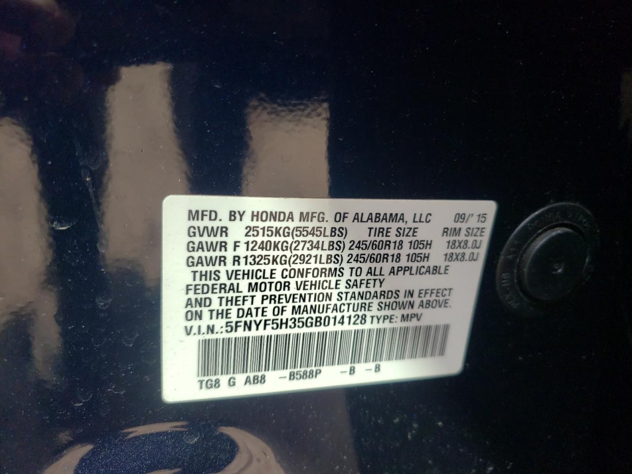 Foto 10 de la subasta – 2016 HONDA PILOT EX con VIN 5FNYF5H35GB014128