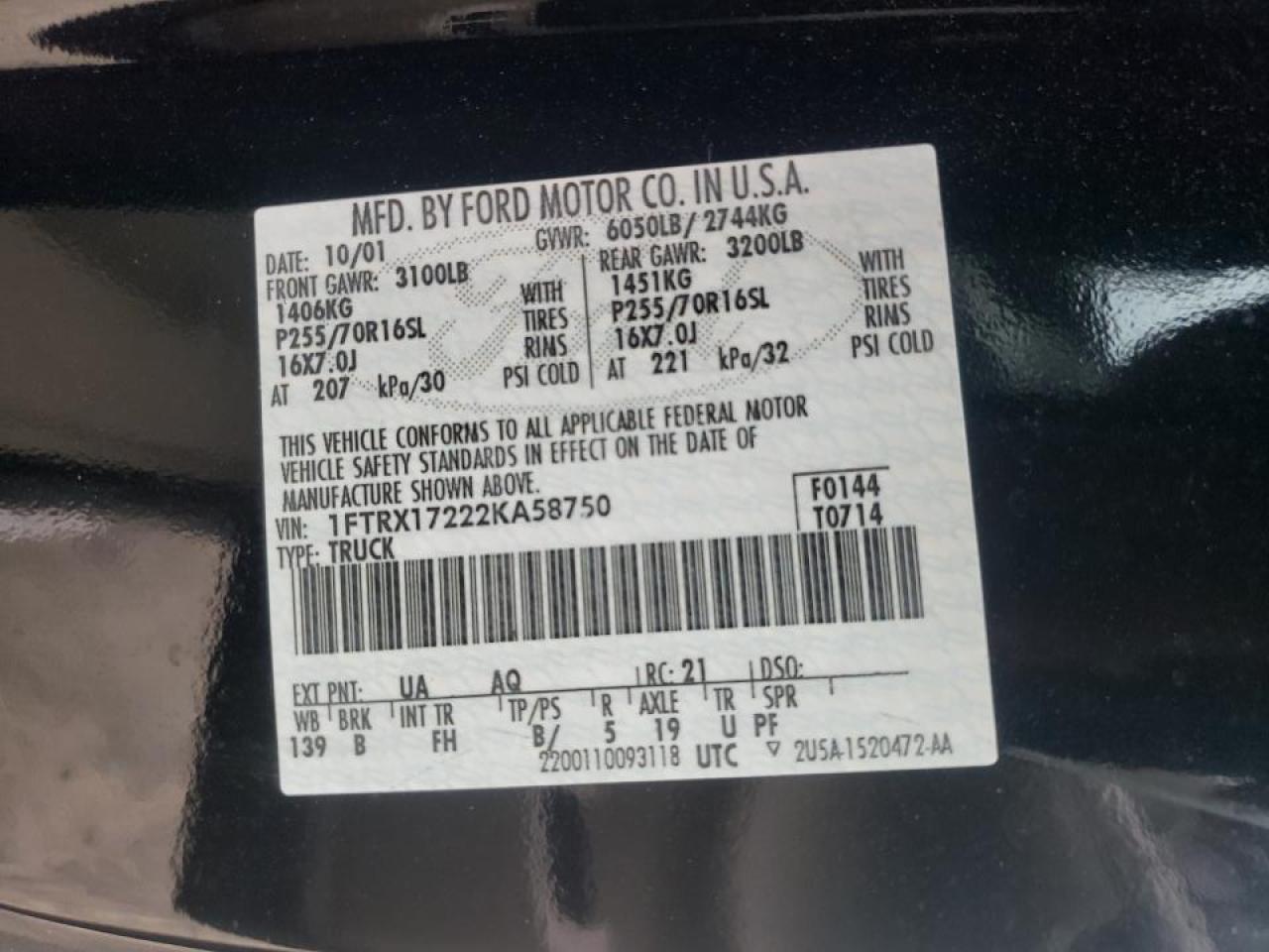 Photo 10 from auction – 2002 FORD F150 with VIN 1FTRX17222KA58750