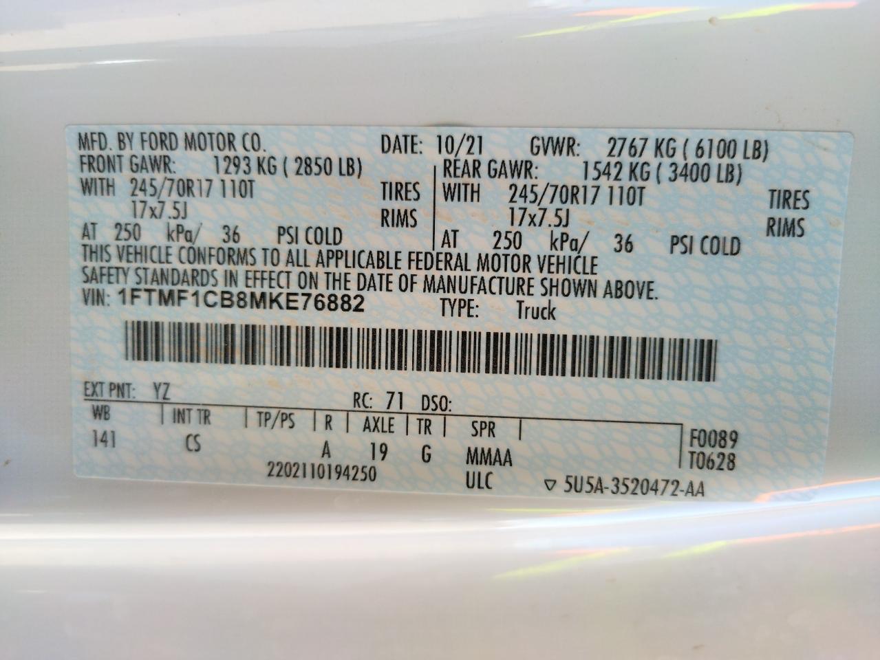 Photo 10 from auction – 2021 FORD F150 with VIN 1FTMF1CB8MKE76882