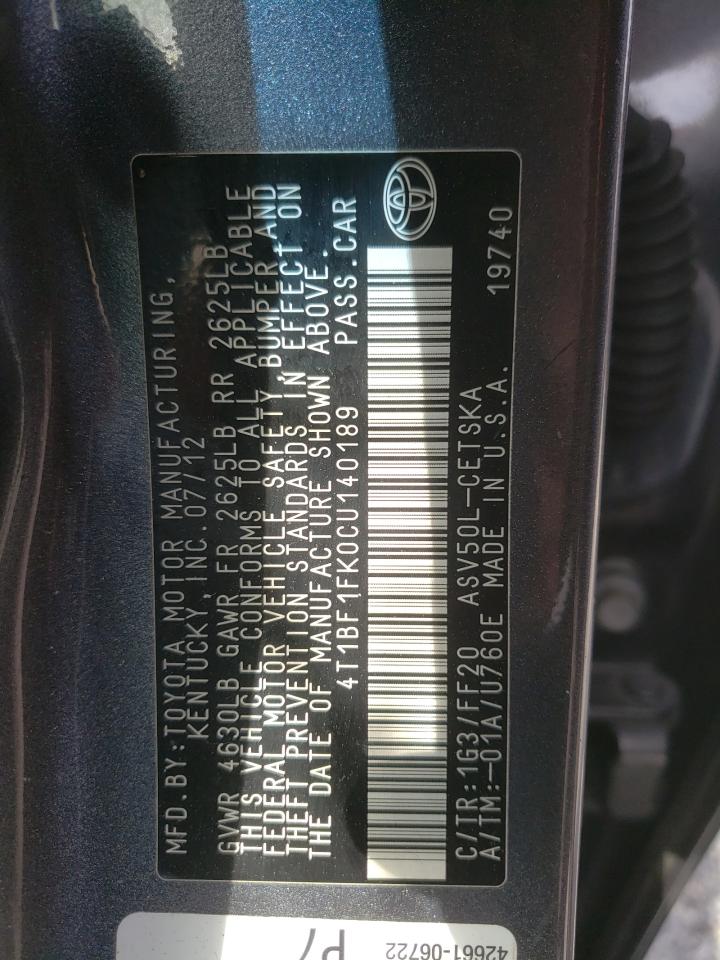 Photo 10 from auction – 2012 TOYOTA CAMRY BASE with VIN 4T1BF1FK0CU140189