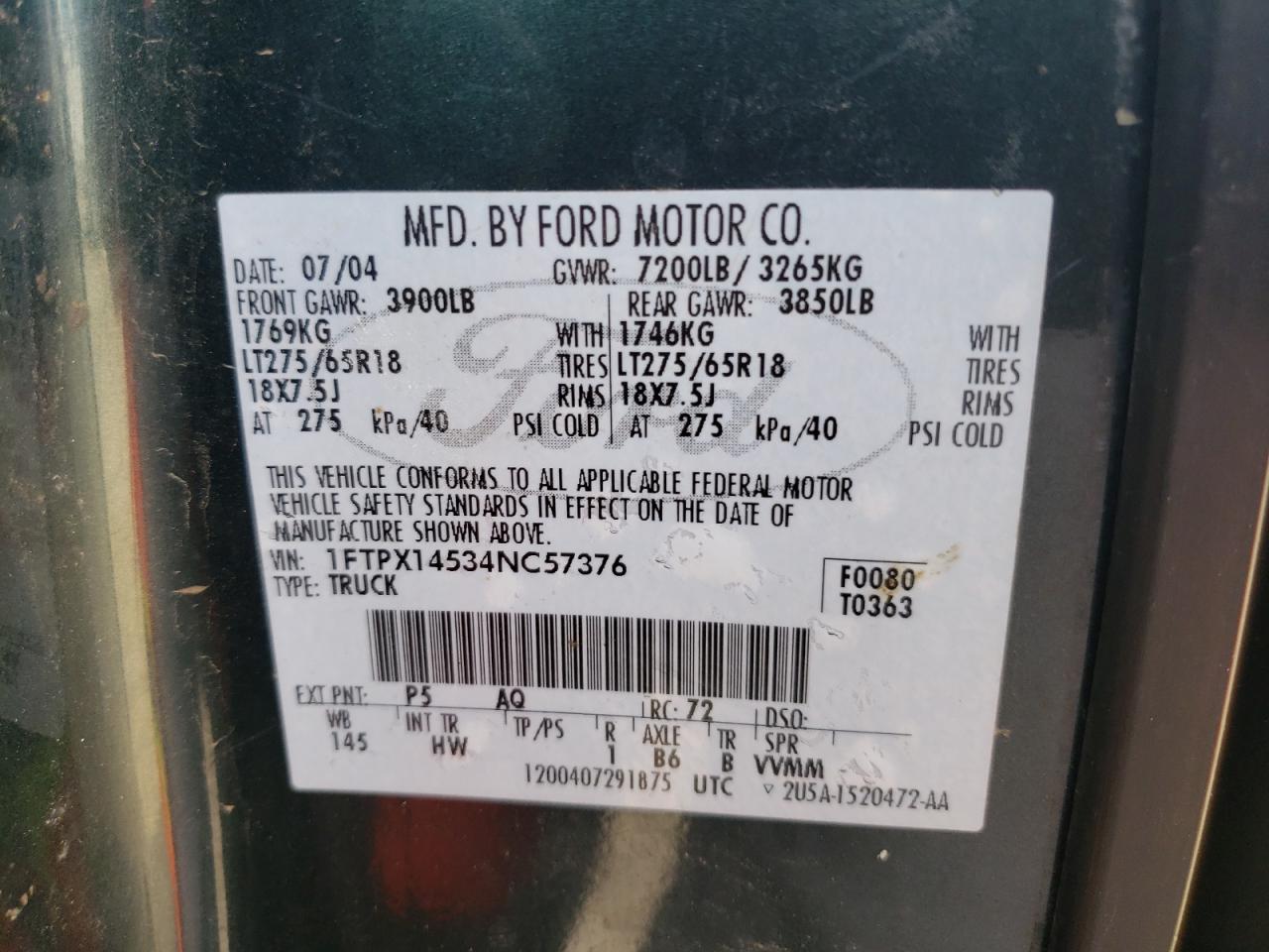 Photo 10 from auction – 2004 FORD F150 with VIN 1FTPX14534NC57376