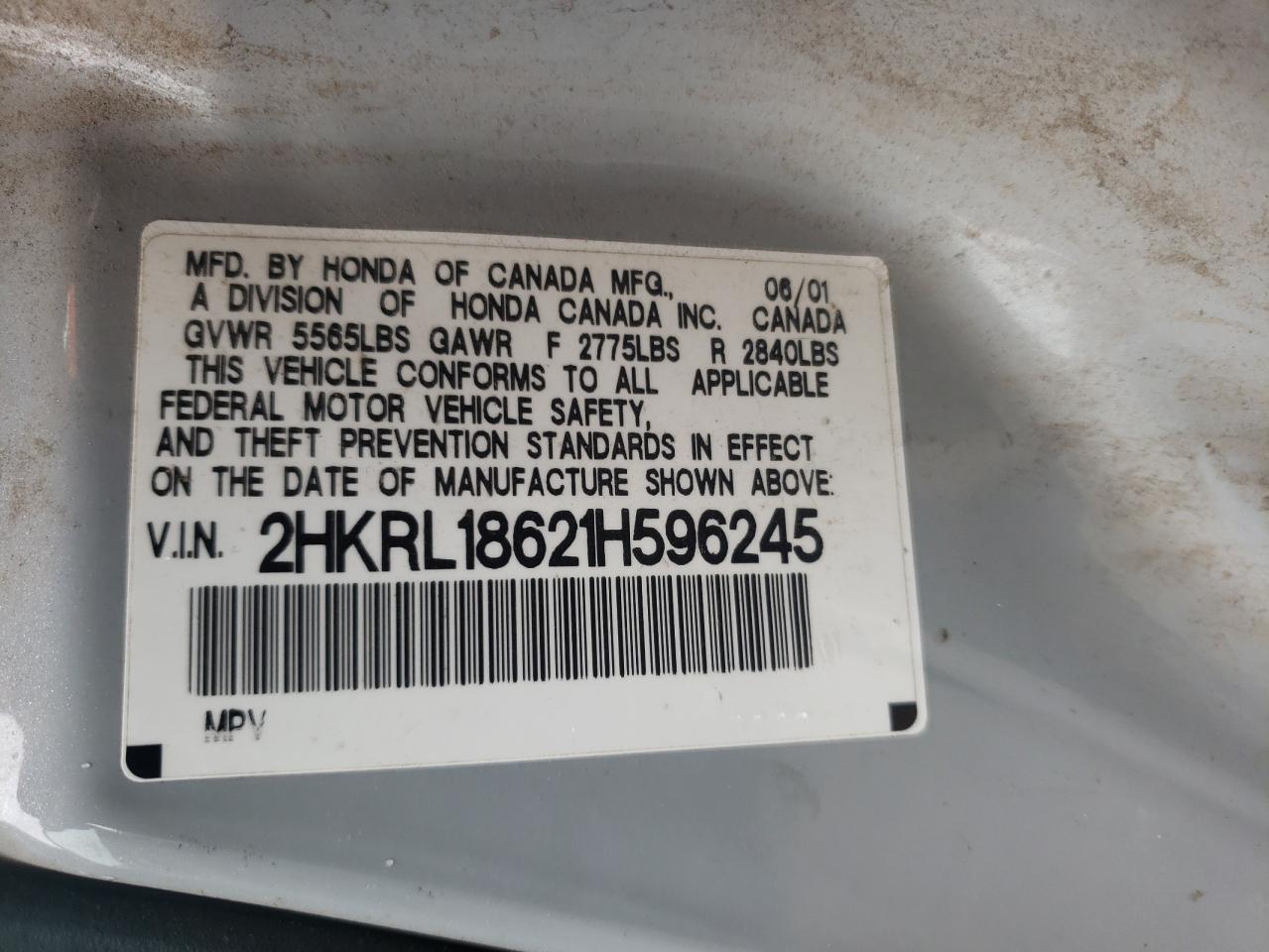 Photo 10 from auction – 2001 HONDA ODYSSEY EX with VIN 2HKRL18621H596245