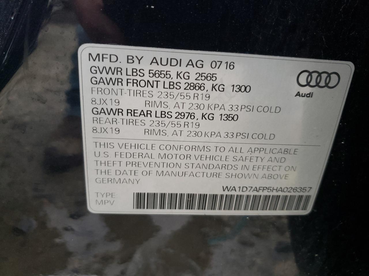 Photo 10 from auction – 2017 AUDI Q5 PREMIUM with VIN WA1D7AFP5HA026357