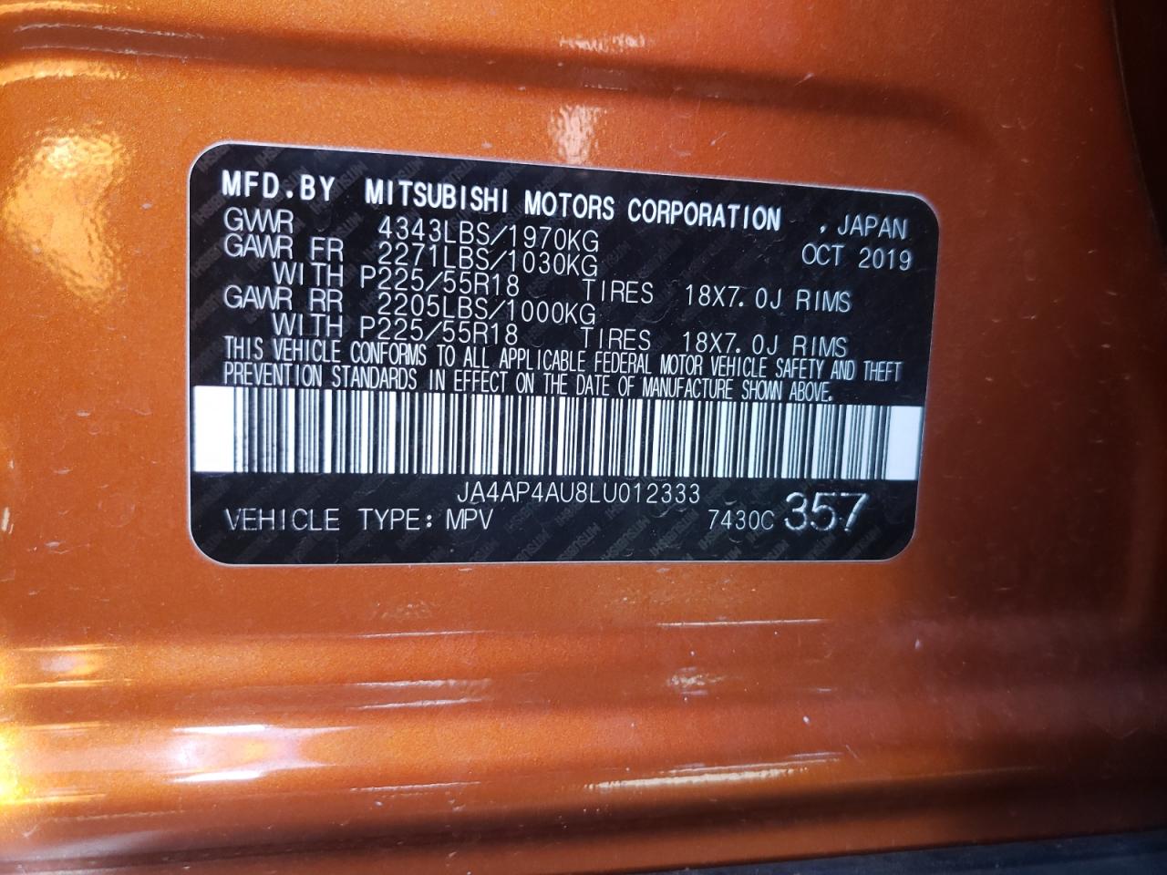 Photo 10 from auction – 2020 MITSUBISHI OUTLANDER with VIN JA4AP4AU8LU012333