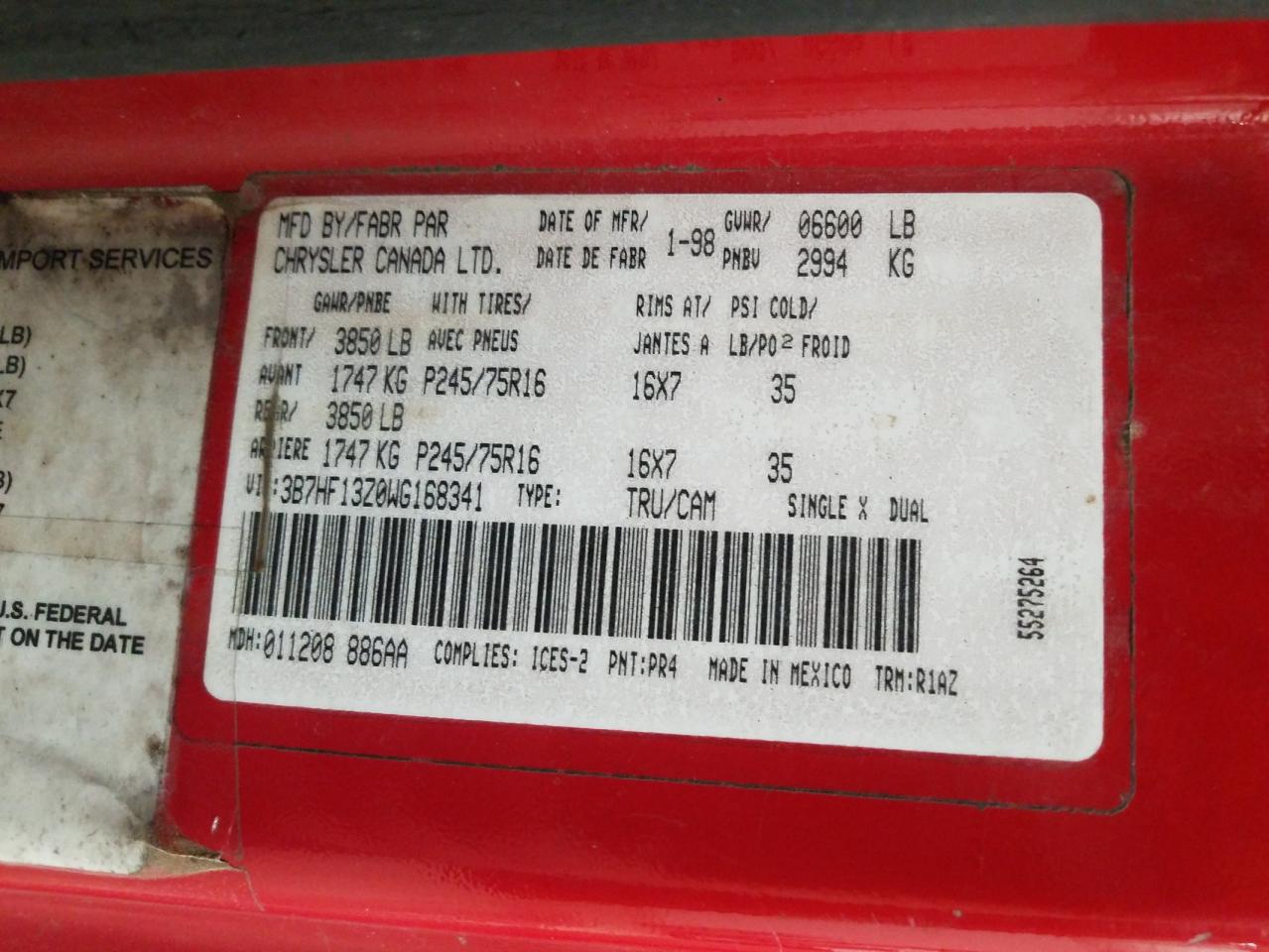 Photo 10 from auction – 1998 DODGE RAM 1500 with VIN 3B7HF13Z0WG168341