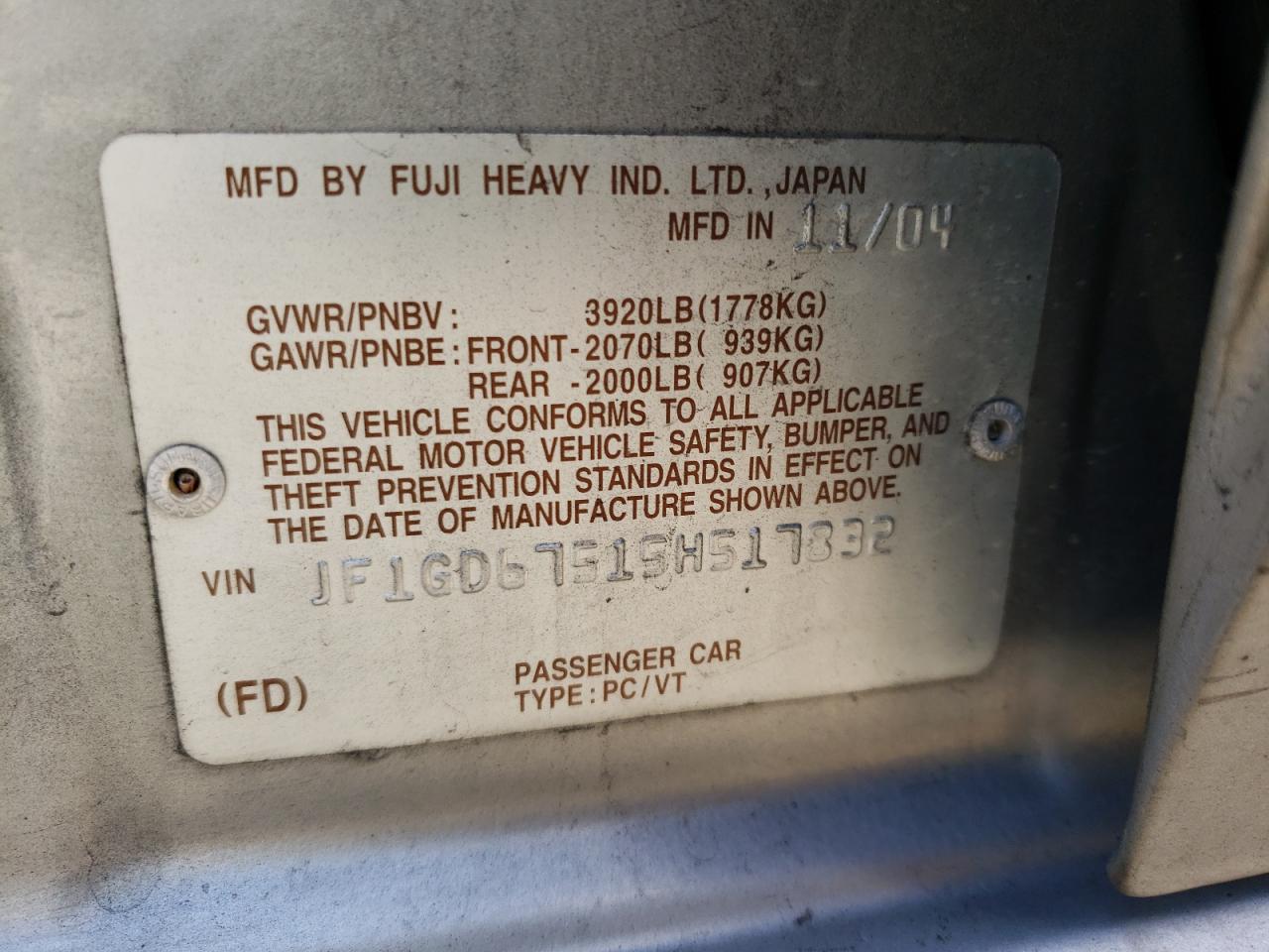 Photo 10 from auction – 2005 SUBARU IMPREZA RS with VIN JF1GD67515H517832