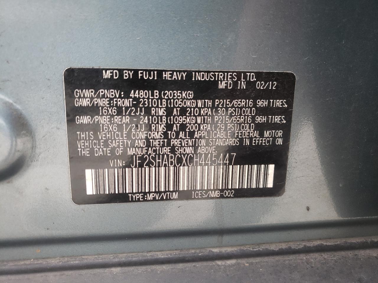 Photo 10 from auction – 2012 SUBARU FORESTER 2 with VIN JF2SHABCXCH445447