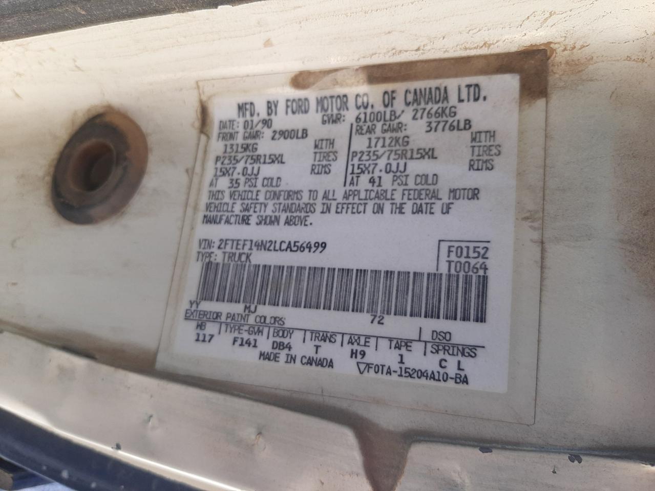 Photo 10 from auction – 1990 FORD F150 with VIN 2FTEF14N2LCA56499