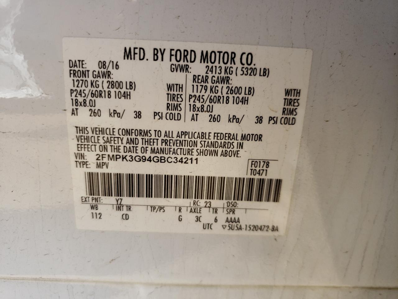 Фото 10 с аукциона – 2016 FORD EDGE SE с VIN 2FMPK3G94GBC34211