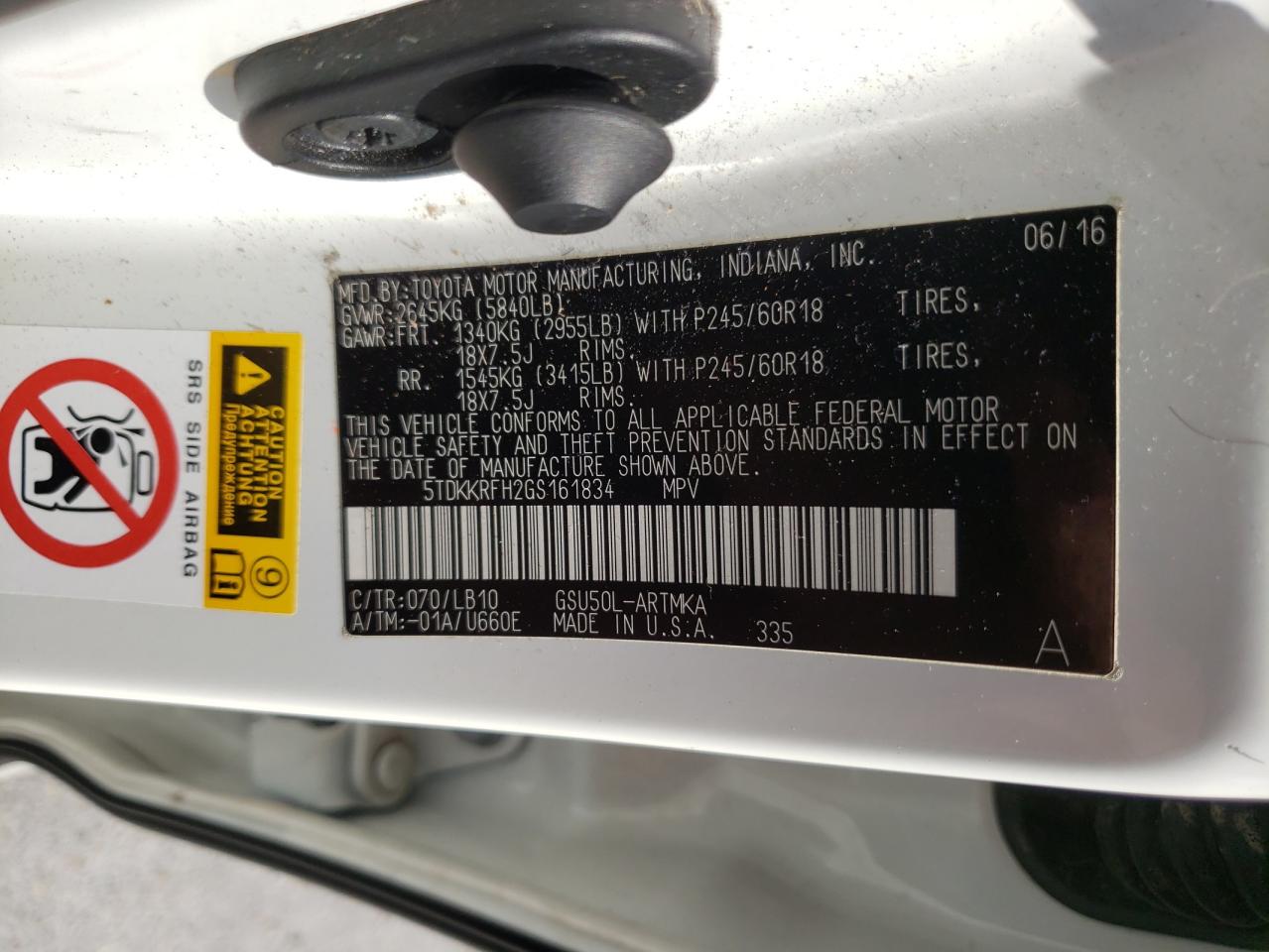 Zdjęcie 10 z aukcji – 2016 TOYOTA HIGHLANDER z VIN 5TDKKRFH2GS161834