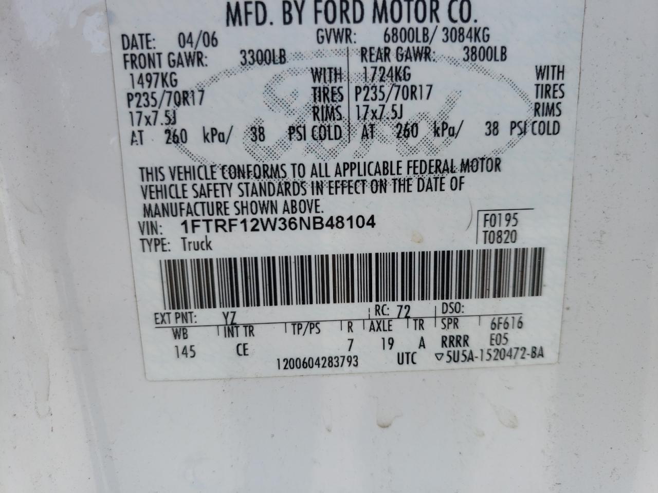 Photo 10 from auction – 2006 FORD F150 with VIN 1FTRF12W36NB48104