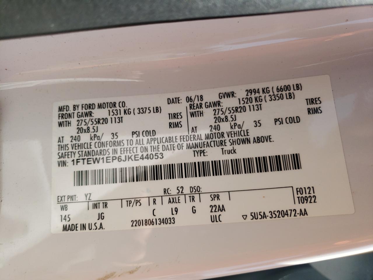 Photo 10 from auction – 2018 FORD F150 SUPER with VIN 1FTEW1EP6JKE44053
