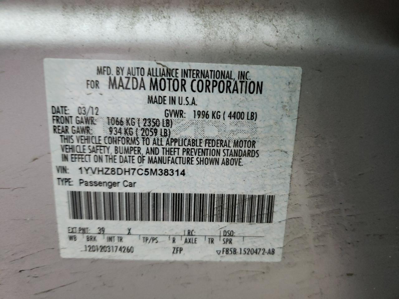Photo 10 from auction – 2012 MAZDA 6 I with VIN 1YVHZ8DH7C5M38314