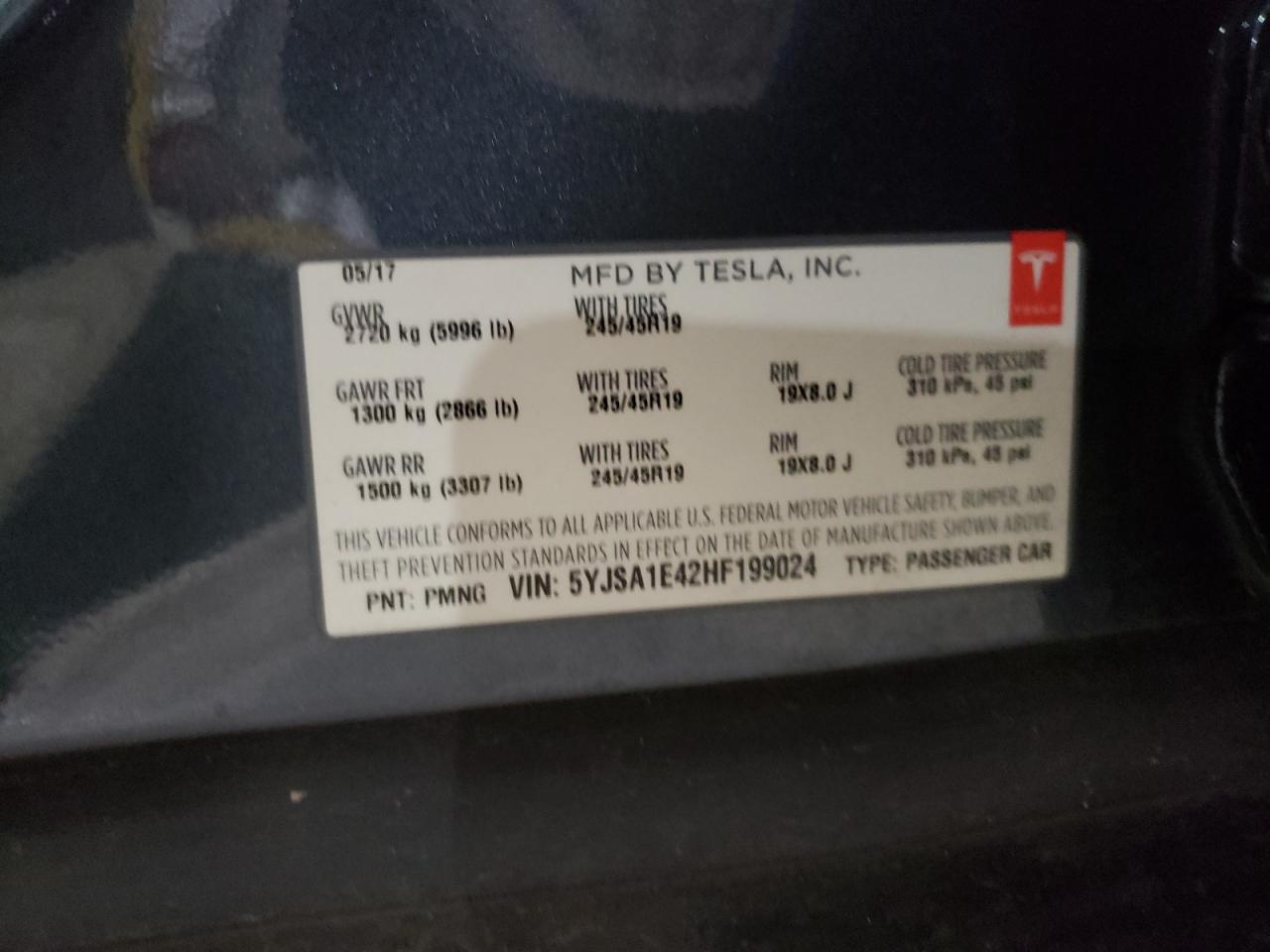 Photo 10 from auction – 2017 TESLA MODEL S with VIN 5YJSA1E42HF199024