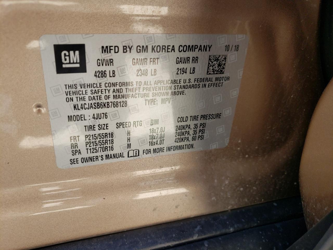 Photo 10 from auction – 2019 BUICK ENCORE PRE with VIN KL4CJASB6KB768128