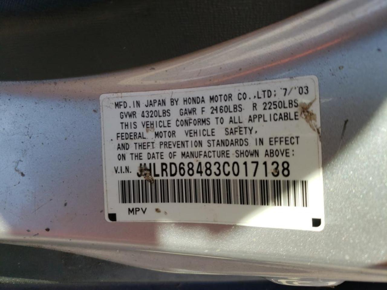 Photo 10 from auction – 2003 HONDA CR-V LX with VIN JHLRD68483C017138