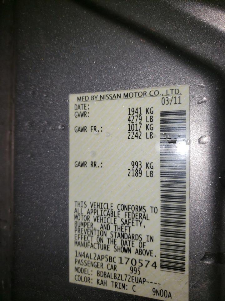 Photo 10 from auction – 2011 NISSAN ALTIMA BAS with VIN 1N4AL2AP5BC170574
