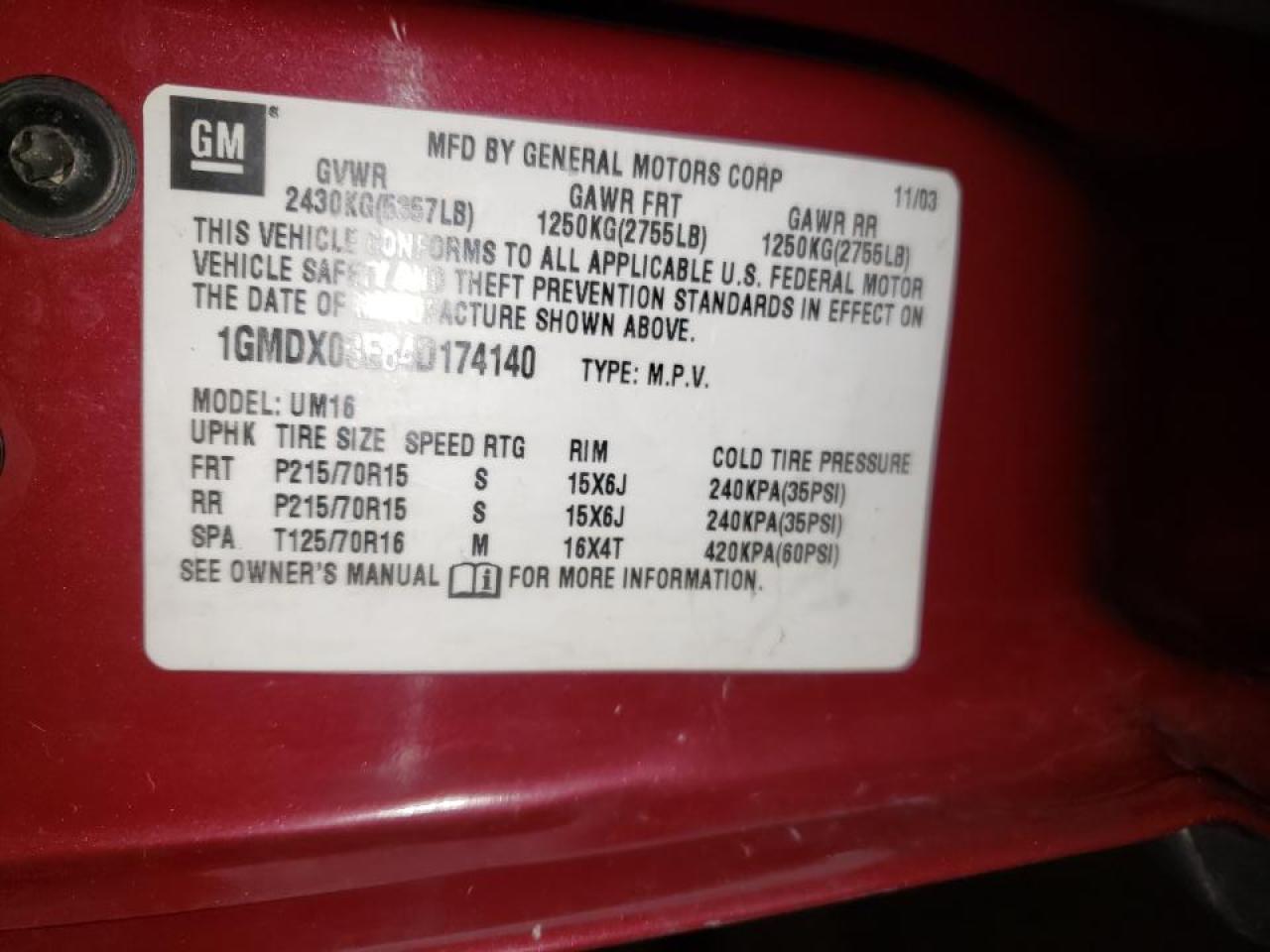 Photo 10 from auction – 2004 PONTIAC MONTANA with VIN 1GMDX03E84D174140