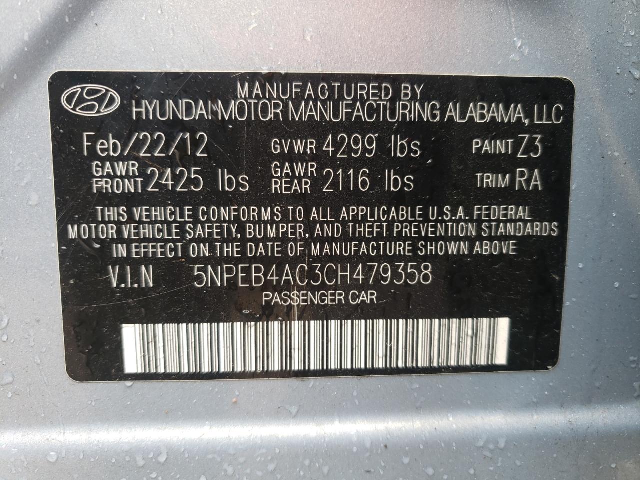 Photo 10 from auction – 2012 HYUNDAI SONATA with VIN 5NPEB4AC3CH479358