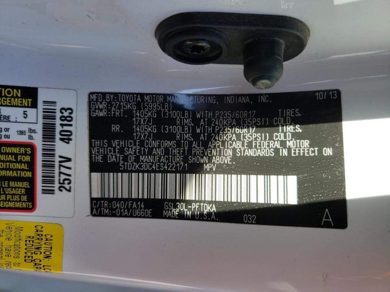Photo 10 from auction – 2014 TOYOTA SIENNA with VIN 5TDZK3DC4ES422171
