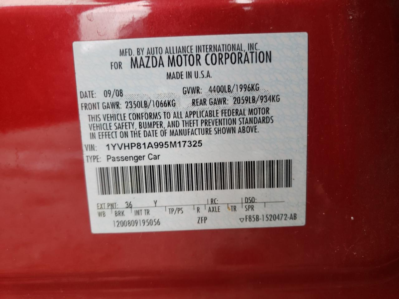 Photo 10 from auction – 2009 MAZDA 6 I with VIN 1YVHP81A995M17325