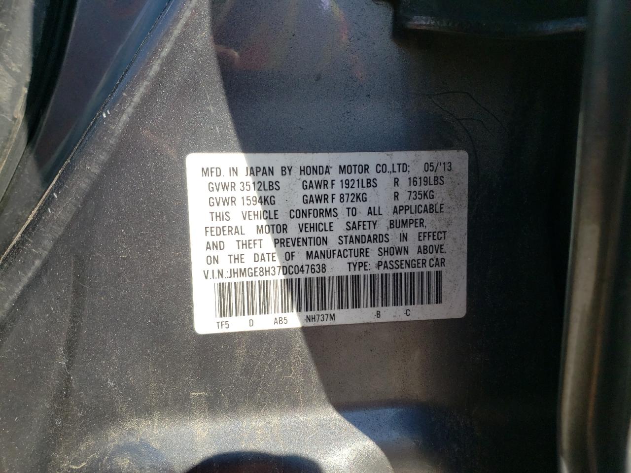 Photo 10 from auction – 2013 HONDA FIT with VIN JHMGE8H37DC047638