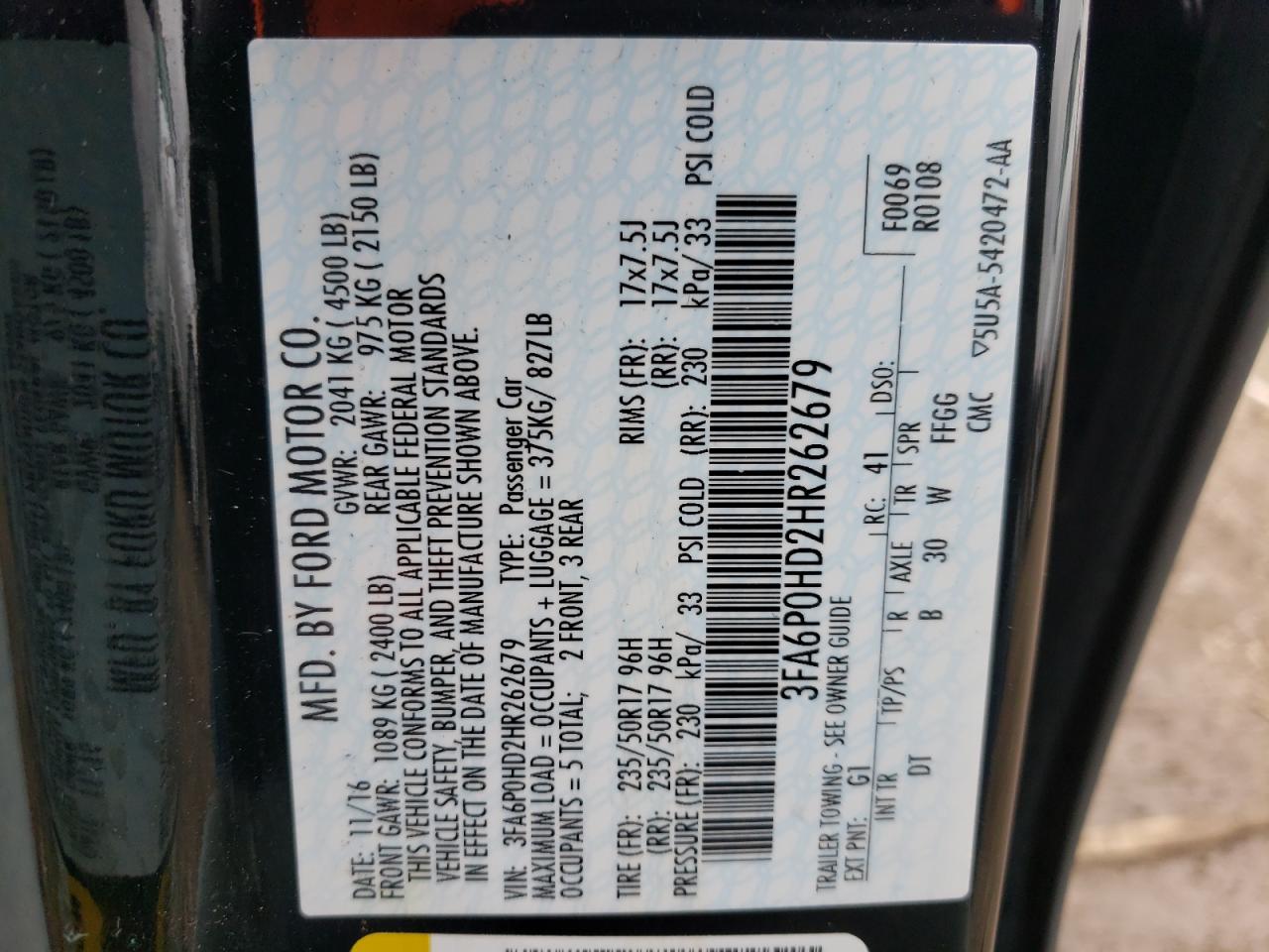 Photo 10 from auction – 2017 FORD FUSION SE with VIN 3FA6P0HD2HR262679
