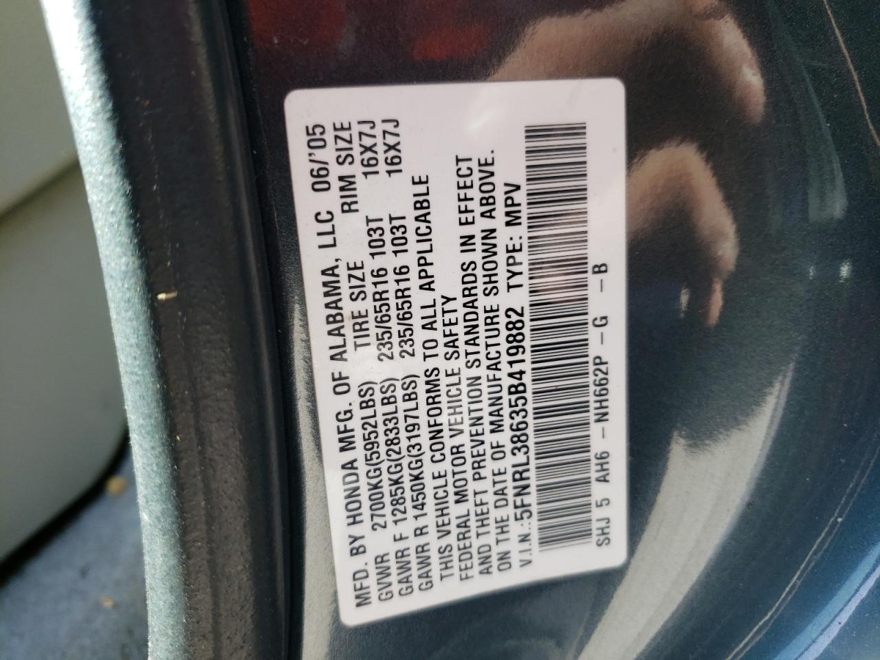 Photo 10 from auction – 2005 HONDA ODYSSEY EX with VIN 5FNRL38635B419882
