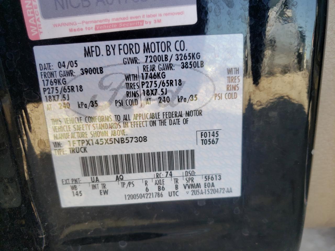 Photo 10 from auction – 2005 FORD F150 with VIN 1FTPX145X5NB57308