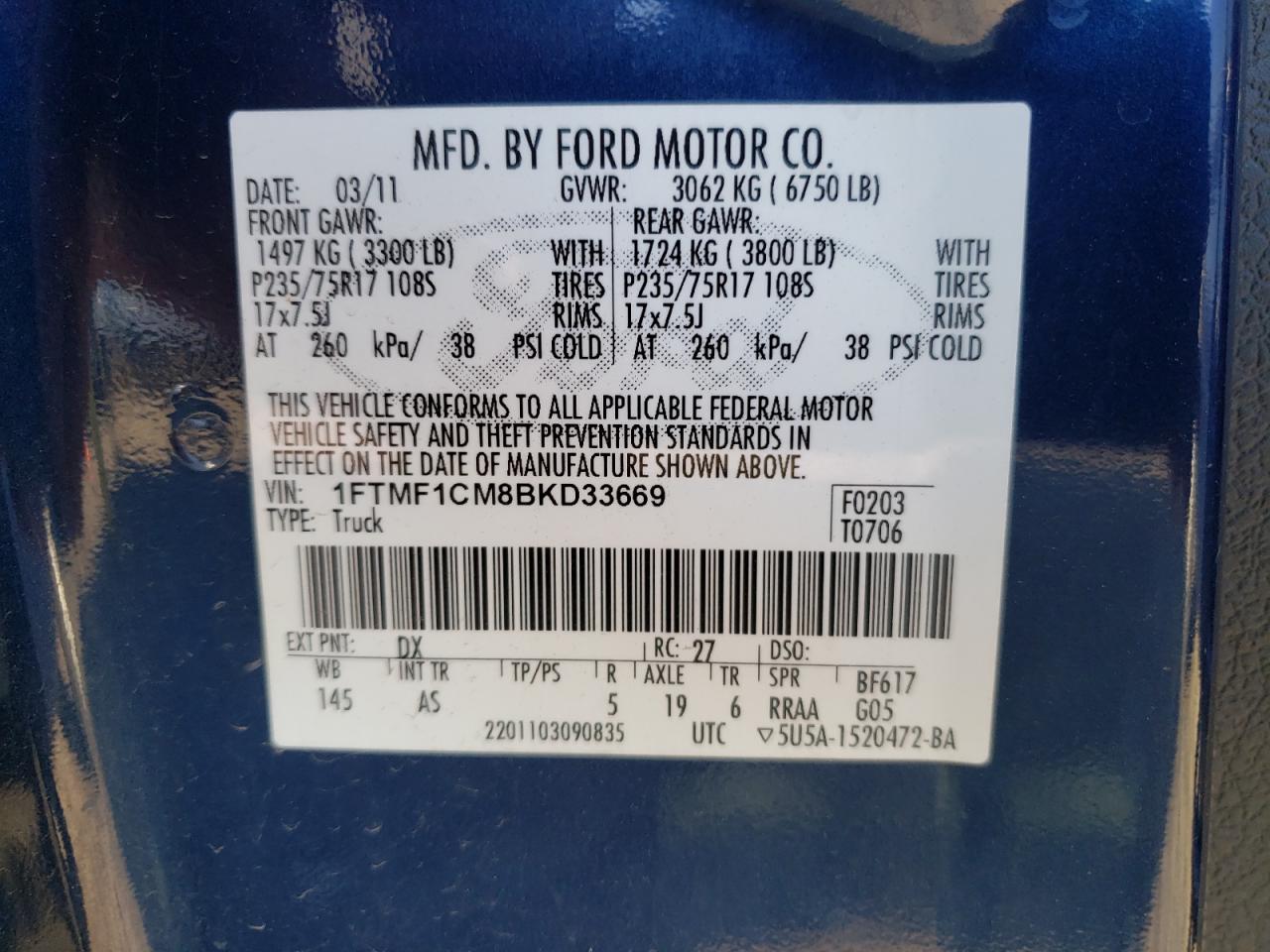 Photo 10 from auction – 2011 FORD F150 with VIN 1FTMF1CM8BKD33669